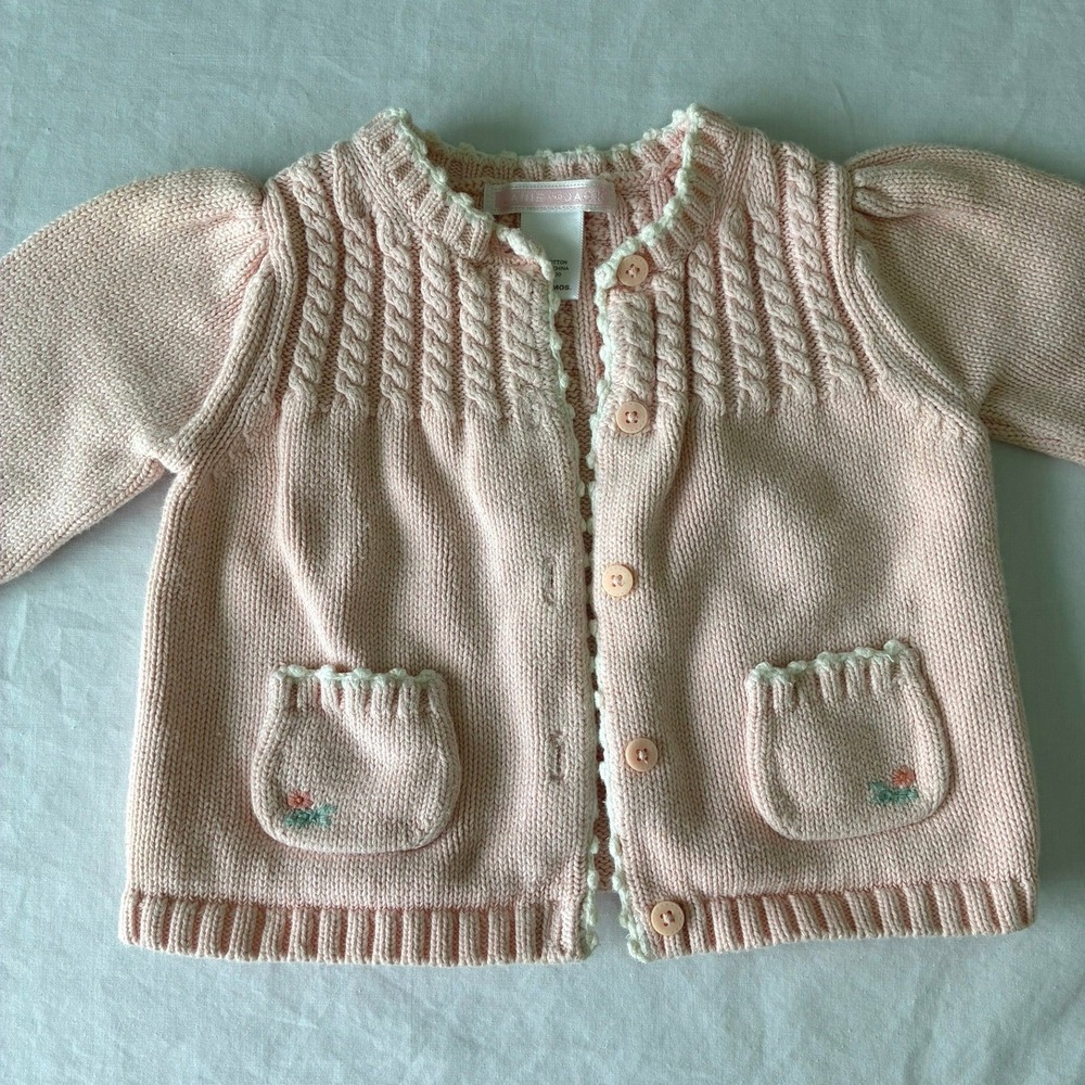 Janie and Jack Baby Girl Pink Cable Knit Cardigan Sweater Floral Pockets 3-6M